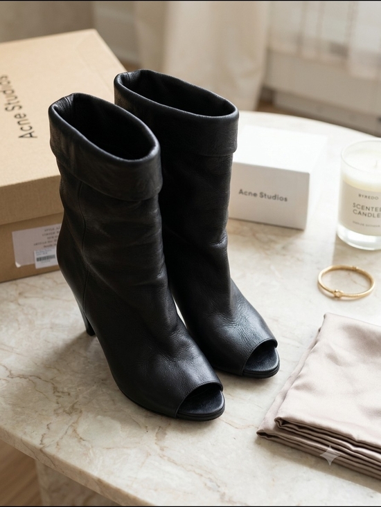 Acne Studios Shoes - Acne Black Leather Peep-Toe Mid-Heel Ankle Boots